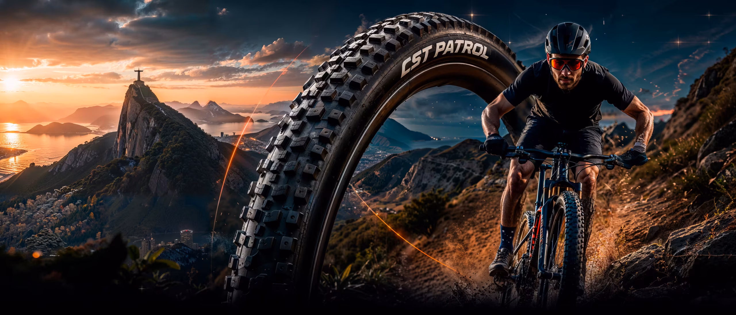 Ciclista de mountain bike ao lado de um pneu CST Patrol